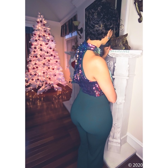 Callie Celebration: Iridescent Orange Sequin Cropped Halter Green Jumpsuit S M - Picture 10 of 16